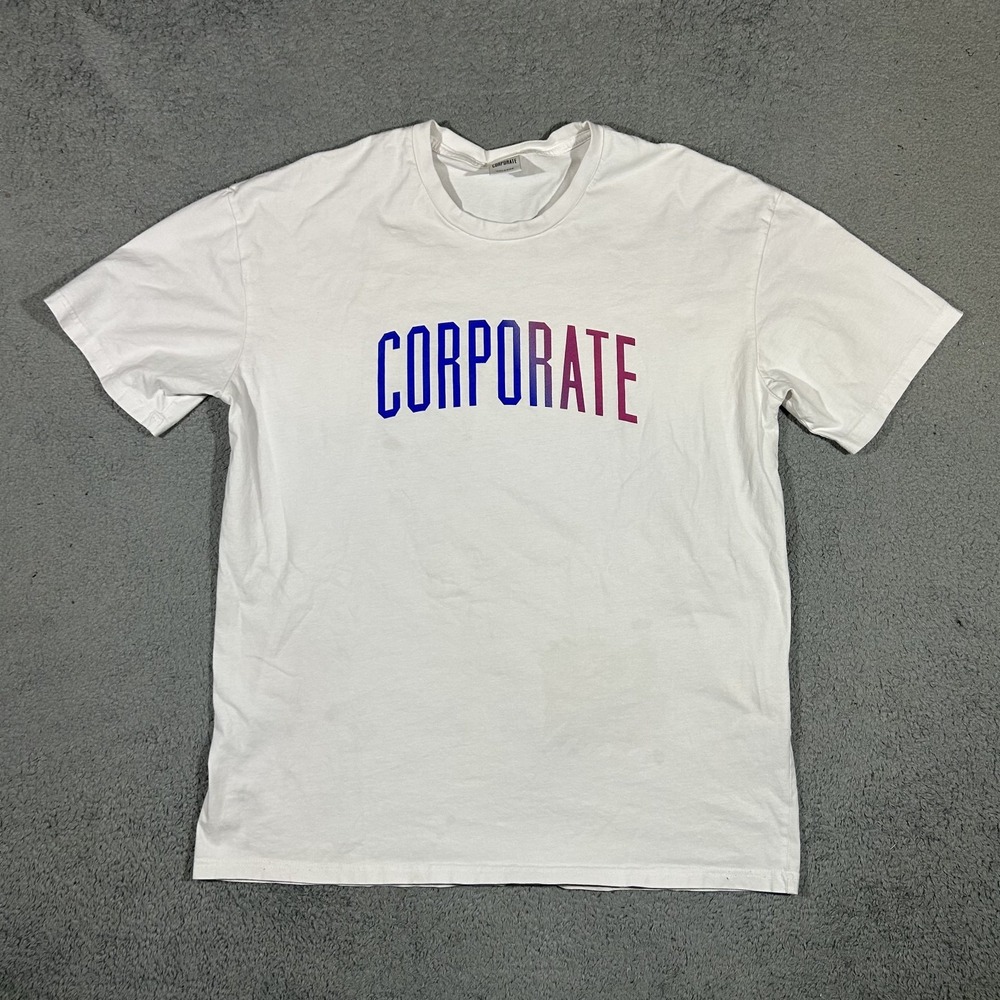 Corporate White Arch Tee Prominent Blue to Pink Gradient Logo Men's 2XL #3432